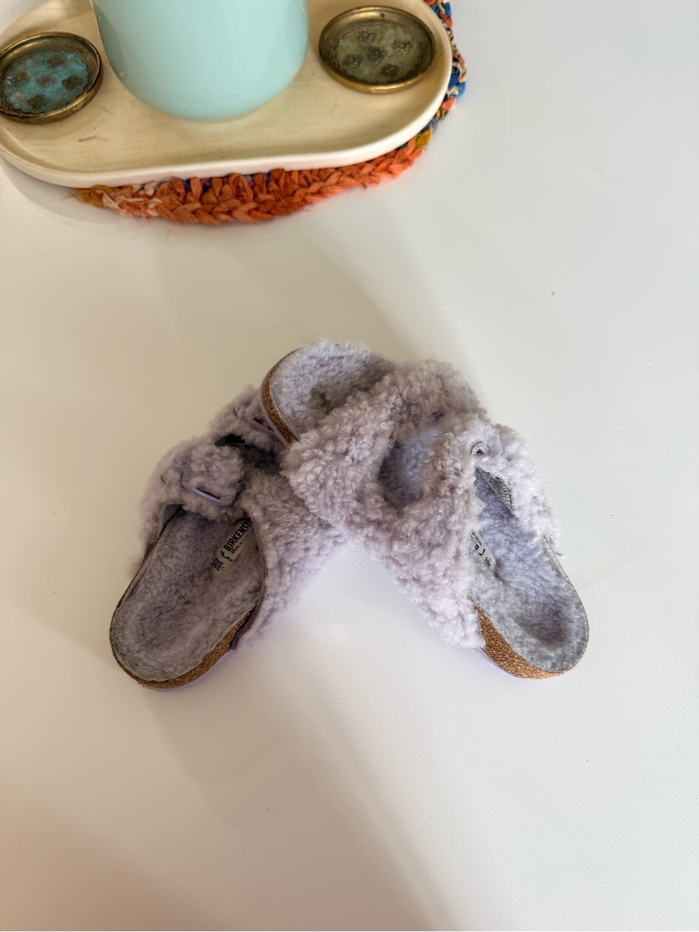 Birkenstock Plush Shearling Double-Strap Slides in Light Lavender Gray